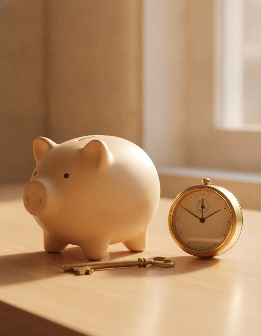 A ceramic piggy bank, a small analog clock, and a brass key on a light wood desk in warm light