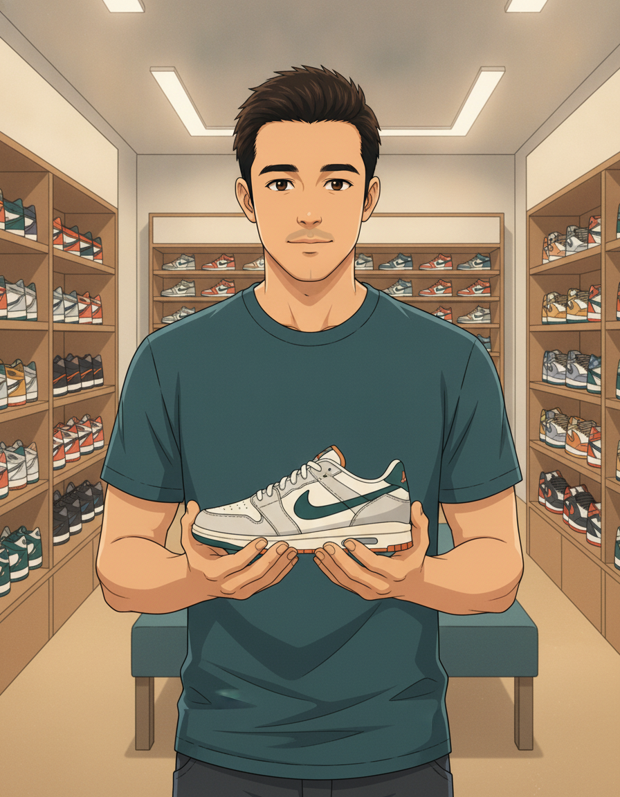 Anime illustration of Robby standing in a shoe store, holding one deliberately chosen pair of sneakers in both hands, calm and decided expression, a full wall of shoes on display behind him