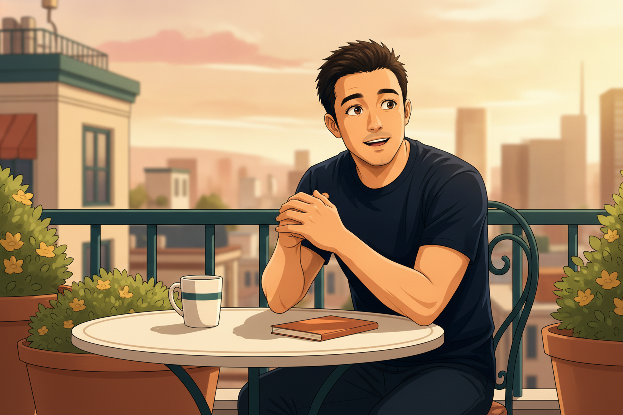 Robby leaning forward with a calm, genuinely curious expression on a rooftop terrace, embodying an abundance mindset during a friend's money conversation
