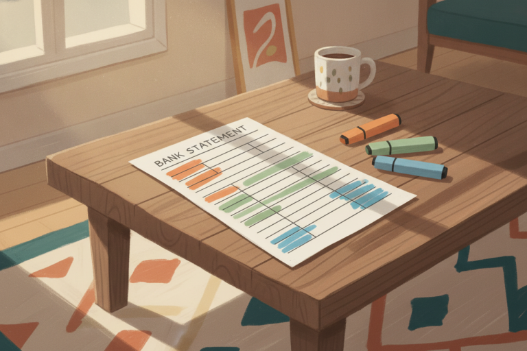 A color-coded bank statement on a living room coffee table with three highlighters fanned beside it, rows striped in orange, green, and blue by spending category