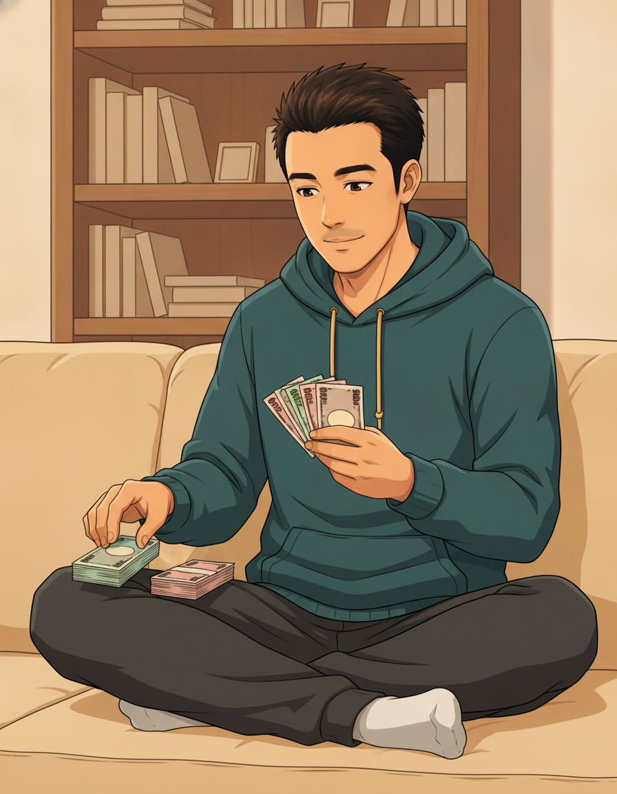 Anime illustration of Robby sorting paper bills into two stacks on a living room couch