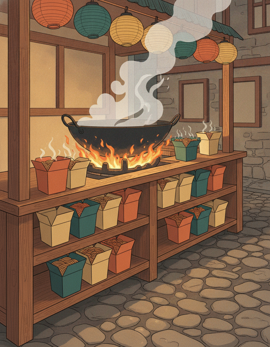 Anime illustration of a lively street food stall with a steaming wok and colorful takeout containers