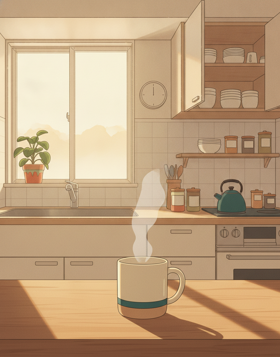 Anime illustration of a calm tidy apartment kitchen with a steaming mug on a quiet Sunday morning