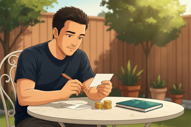 Illustrated anime-style young man seated at an outdoor patio table writing a savings goal on a notecard, a small stack of coins and a notebook beside him