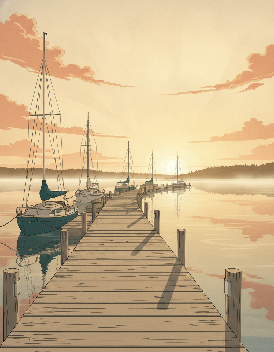 Small sailboats moored at a wooden dock at dawn, still water reflecting soft golden morning light
