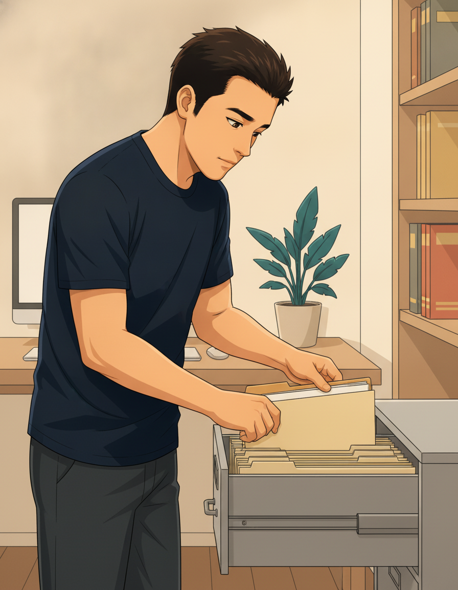 Anime-Robby placing a folder into an organized filing cabinet drawer, hands on task, expression focused and resolved