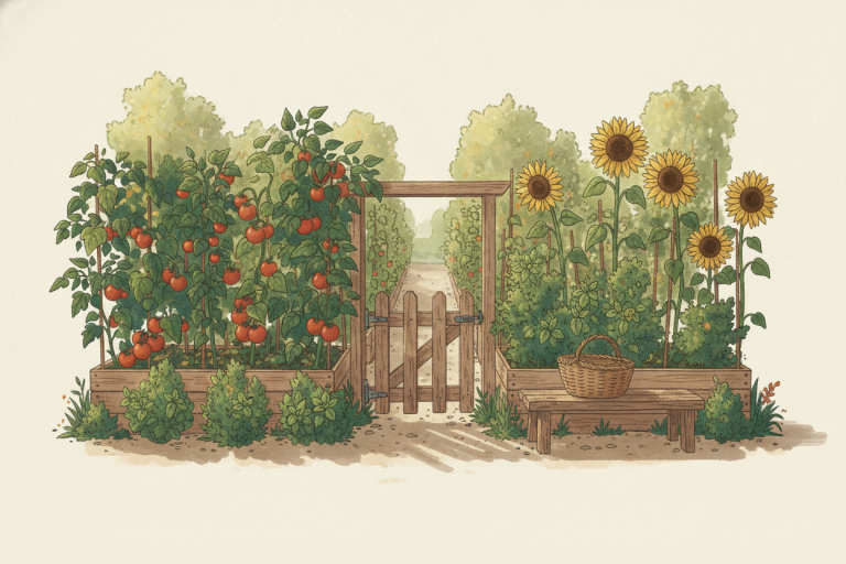 Sunlit community garden with lush raised vegetable beds, an open wooden gate, and a harvest basket resting on a bench in the morning quiet