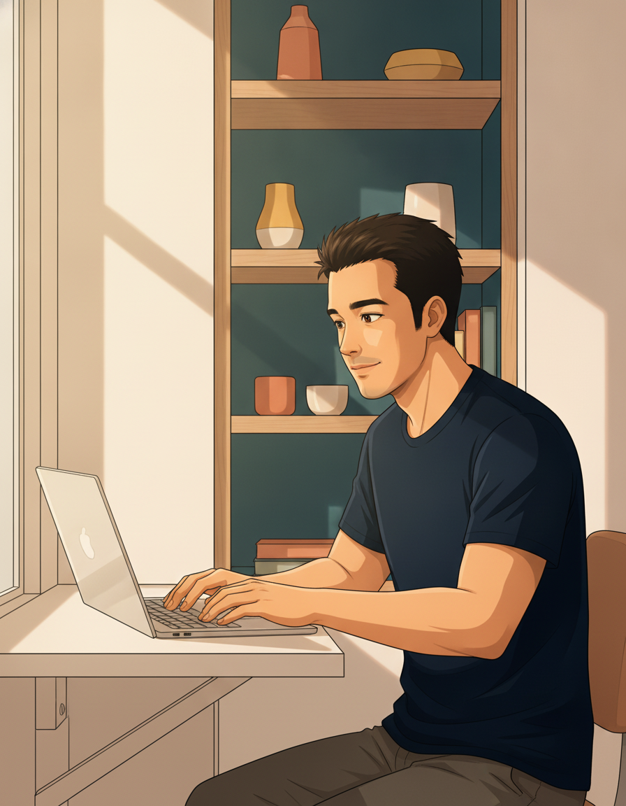 Anime Robby at a home-office desk