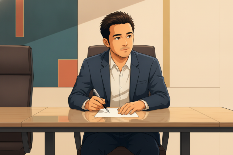 Anime illustration of a young man leaning forward at a conference table, pen in hand over a blank offer page, expression composed and confident mid-negotiation