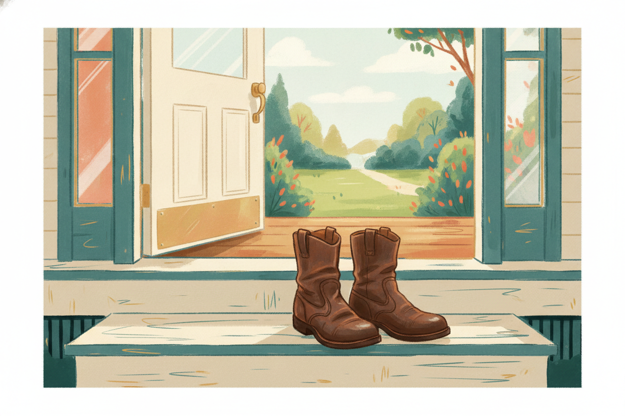 Well-worn quality leather boots on sunny front porch steps, a green yard visible behind them