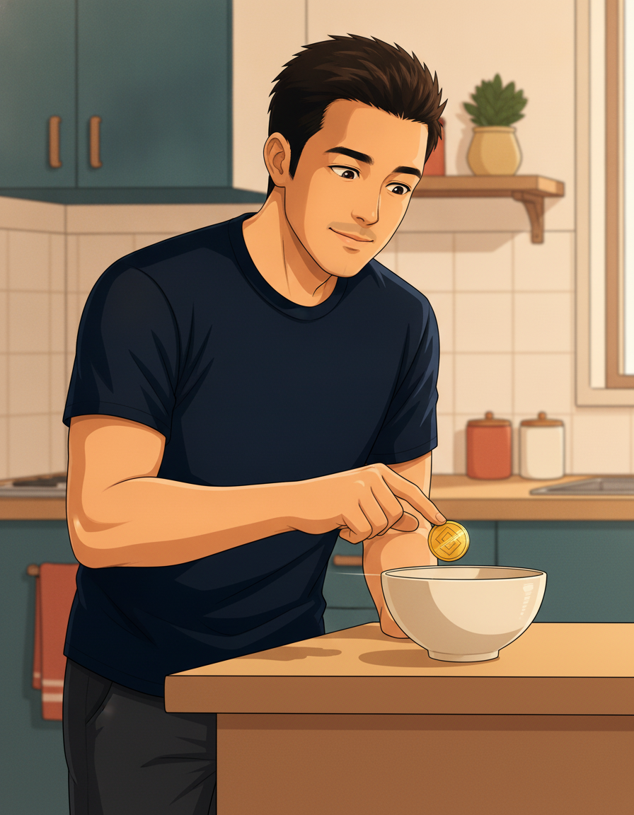 Anime Robby sliding a coin toward his savings bowl in the kitchen, representing an automated payday transfer ritual