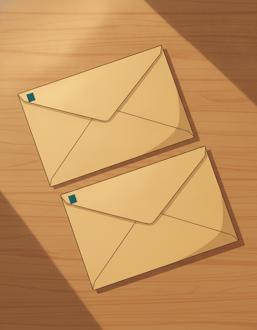 Overhead illustrated still-life scene of two plain kraft manila envelopes resting side by side on a warm honey wood surface, each closed with a small solid dark pine-teal corner mark in the upper-left corner and no other markings, a soft warm morning light from the upper left casting a natural shadow to the lower right, calm uncluttered composition