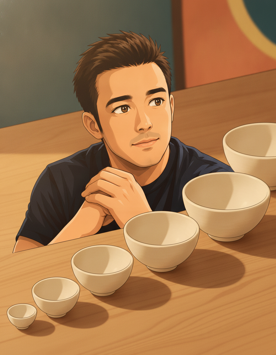 Overhead illustrated still-life scene of seven small unglazed cream ceramic bowls of ascending size arranged in a gentle staircase from lower left to upper right on a warm honey wood surface, each bowl empty and slightly wider and taller than the last, warm side light from the upper left casting soft natural shadows to the lower right