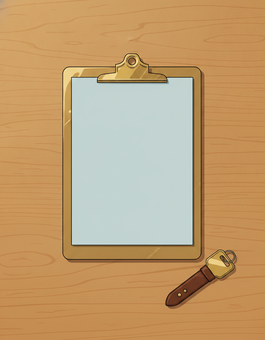 Overhead illustrated still-life scene of a small brass clipboard resting flat on a warm honey wood surface with a single plain pale-blue rectangular printed pay-stub strip clipped under the metal clip, the strip entirely blank with no readable text, a single brass house key on a slim dark leather fob resting to the lower right, warm side light from the upper left