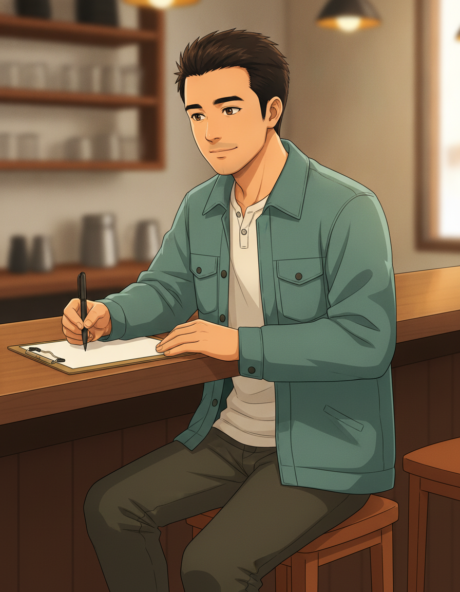 Robby seated waist-up at a warm walnut cafe bar counter in soft morning window light, angled three-quarter to camera, pen held in his right hand hovered just above a plain blank paper form on a small brass clipboard resting on the counter in front of him, calm content half-smile like he is about to sign