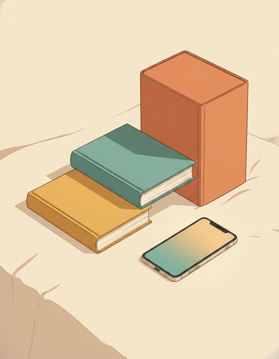 Overhead illustrated still-life scene of three plain hardcover books of ascending height stacked in a small staircase from lower left to upper right on a warm cream linen surface, each book unmarked and plain (no titles, no letters), a plain modern smartphone lying face-up to the right of the stack with the screen giving off a soft warm amber glow and no readable icons, warm side light from the upper left