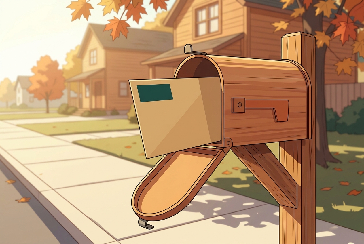Illustrated scene of a warm cedar wooden mailbox on a wooden post at a suburban residential curb in soft late-morning autumn light, a single plain kraft manila envelope with a small solid dark pine-teal corner mark poking partway out of the open mailbox door, a gently blurred street of warm-tone houses and turning maple leaves in the background