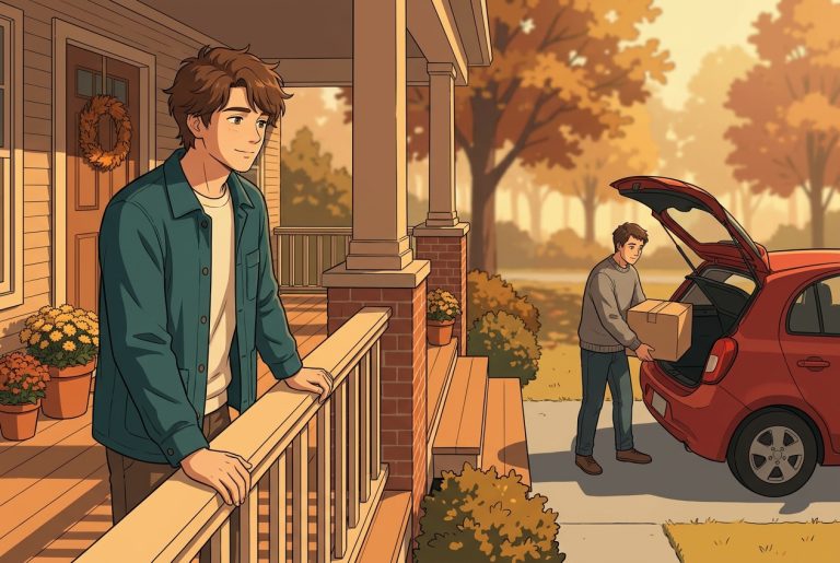 Warm cel-shaded anime front porch of a suburban home in autumn morning light, waist-up three-quarter view of Robby leaning on the porch railing with a content half-smile, watching a young adult in the driveway lifting a cardboard moving box into the open trunk of a small hatchback car parked at the curb, warm amber morning sun and long soft shadows, warm brick porch pillars, no text, no logos