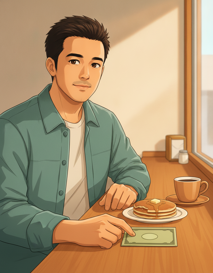 Robby waist-up seated at a warm diner counter in soft late-morning light, angled three-quarter to camera, his right hand mid-motion sliding a single folded stylized abstract paper bill across the counter toward the far edge, a warm ceramic coffee cup and a small plate with a half-eaten stack of pancakes beside him, calm content half-smile as if easing into an ordinary morning