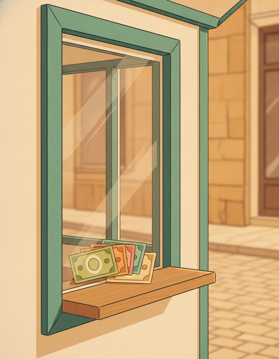 Illustrated close scene of a warm outdoor currency-exchange kiosk window on a quiet cobbled European street at gentle late-afternoon light, a small tidy fan of five stylized abstract paper bills of different flat colors (warm sage, warm amber, soft coral, warm cream, soft pine-teal) laid neatly on a small warm honey wood ledge inside the window, no visible people, no readable text on the kiosk or the bills