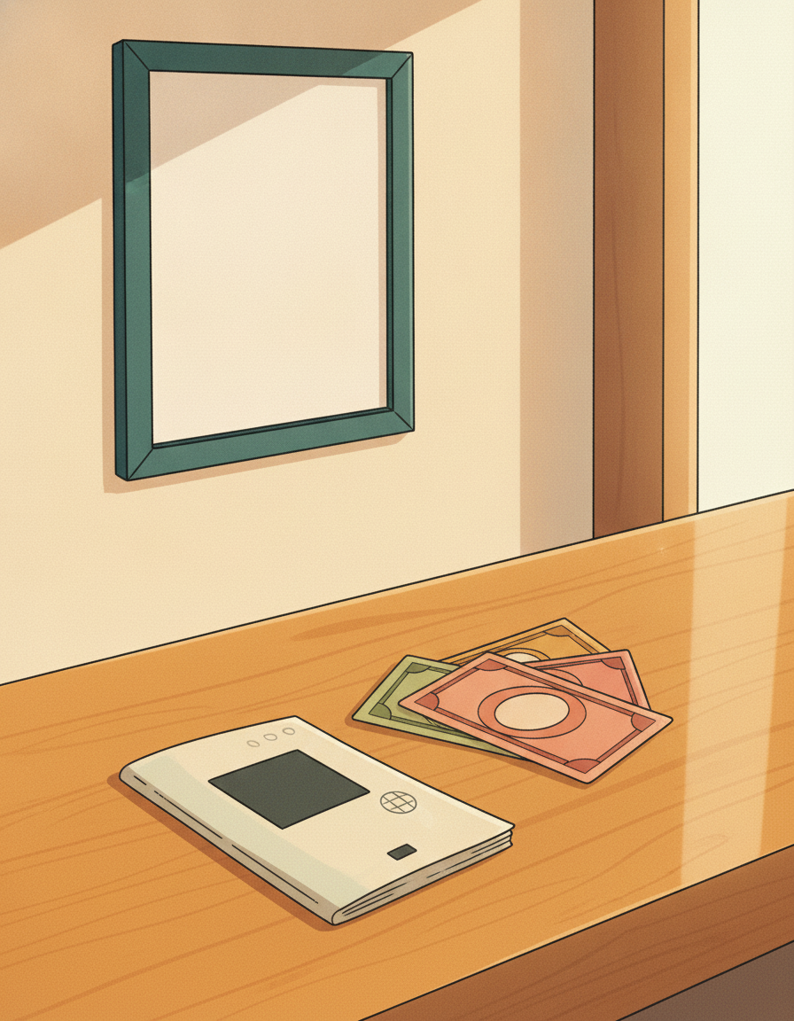Illustrated close scene of a warm airport currency-exchange counter in soft late-morning light, an open passport lying flat on the warm honey wood counter with a small tidy fan of three stylized abstract paper bills of different flat colors resting beside it, warm sunlight from a large window off-frame catching the counter, no visible people, no readable text on the passport or the bills