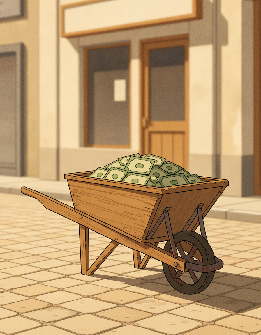 Illustrated close scene of a small vintage wooden wheelbarrow parked alone on a warm quiet cobbled European bakery street at gentle late-afternoon light, the wheelbarrow bed piled softly with a small mound of stylized abstract paper bill shapes in pale sage and cream, a modest warm cream painted bakery storefront softly out of focus behind, no visible people, no readable text on the bills or the bakery