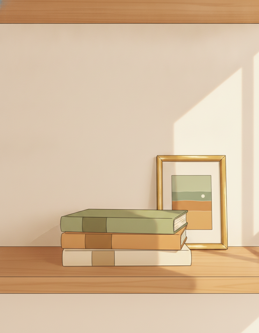 Illustrated close scene of a warm living-room bookshelf corner at soft late-afternoon light, three plain hardback books stacked on a warm honey wood shelf next to a small warm brass framed abstract landscape print with plain flat sage and amber color blocks and no readable content, warm side light from a window off-frame catching the spines and the frame, no visible people, no readable text on the books or the print