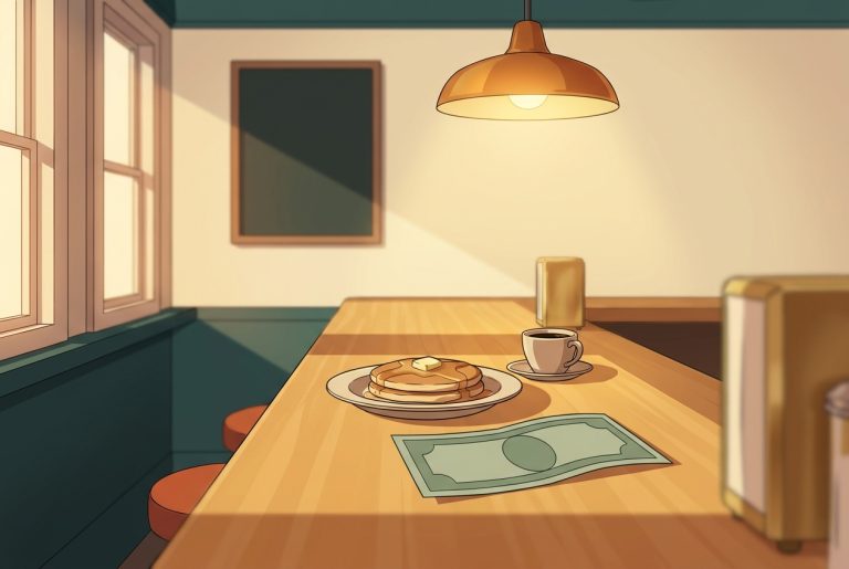 Illustrated warm evening diner counter viewed at a slight three-quarter angle, a plate of pancakes and a small ceramic coffee cup sitting on the counter, a single folded stylized paper bill lying flat beside the plate as if just handed over, warm amber pendant light overhead, no visible people, no readable text on any menu board or signage