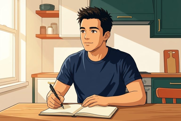 Anime-style Robby at a kitchen table, calm and determined, mapping out a payoff plan in a notebook