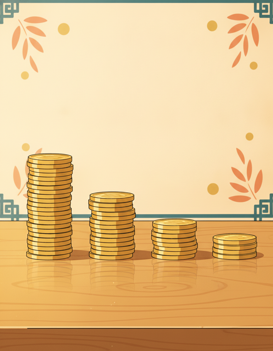 A neat row of four gold coin stacks in decreasing height on a warm wood surface in soft light
