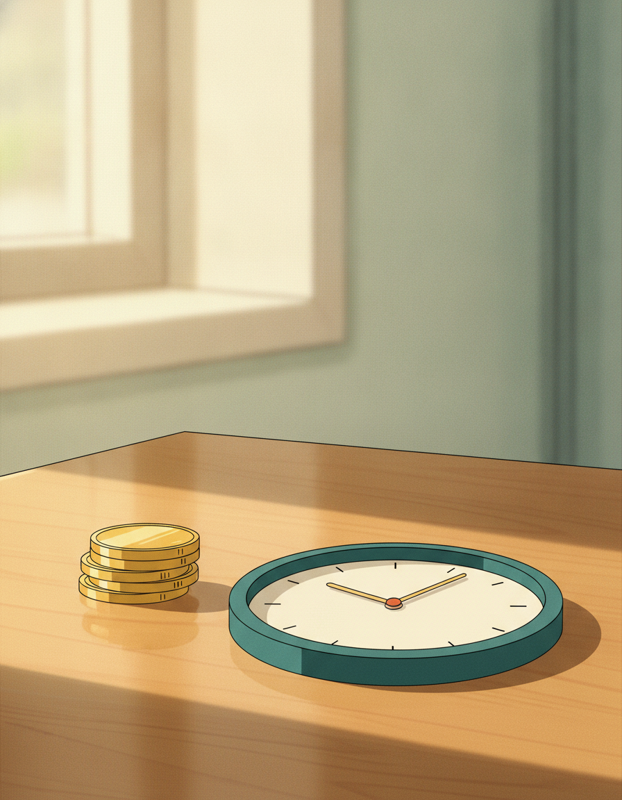 A small stack of gold coins beside a simple round wall clock on a warm wood surface in soft light