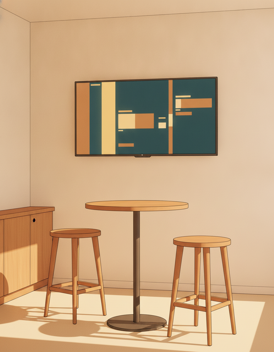 Illustrated scene of a warm modern office breakroom lounge at gentle late afternoon, a wall-mounted flat-screen TV in the background showing only abstract flat color bars and gentle glowing dashboard shapes with no readable text or numbers, a small round warm honey wood communal table in the foreground with two empty low wooden stools, warm side light from a window off-frame catching the edge of the table and the screen glow