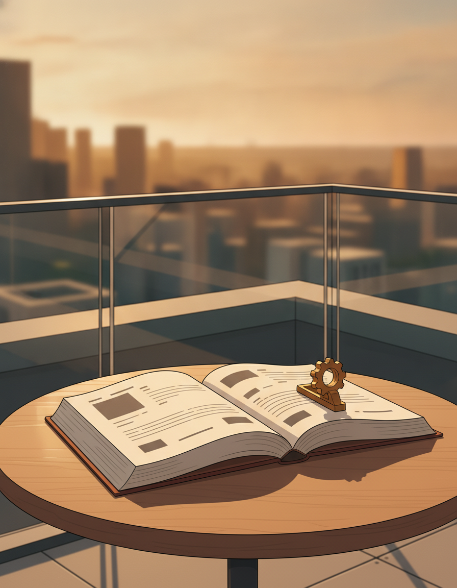 Illustrated scene of a warm modern rooftop terrace at gentle dusk with a small round bistro table centered in soft warm amber light, on the table a single hardback business book lying open with plain flat abstract dark rectangular shapes and thin horizontal lines standing in for charts and paragraphs and no readable text, a small warm brass paperweight shaped like a small gear resting on the open page, low glass balustrade around the terrace with a soft golden hour city skyline in the background