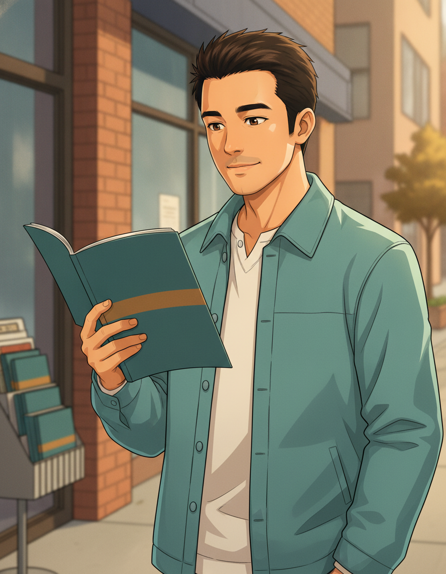 Robby waist-up standing on a warm quiet city sidewalk at a corner newsstand in soft late-morning light, angled three-quarter to camera, holding a folded business magazine in his right hand at reading angle with a plain solid pine-teal cover and no readable text or masthead, left hand resting relaxed at his side, calm thoughtful half-smile as he considers what he has just read