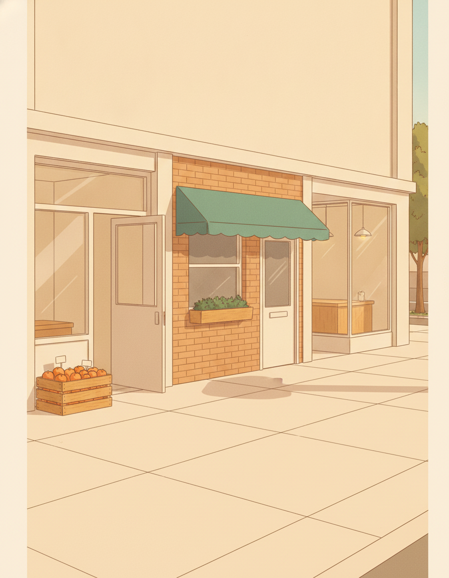 Illustrated wide street-level view of three modest side-by-side neighborhood storefronts on a warm cream painted city block in soft late-morning light, a small grocery on the left with a tidy fruit display in a warm wooden crate outside its door, a small warm brick cafe in the middle with a slim pine-teal awning, a small clean modern glass-fronted software office on the right with a soft warm interior glow, no visible signage or names on any of the three, warm morning light catching all three facades and casting soft shadows on the sidewalk