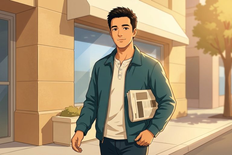 Robby waist-up walking along a warm sunny neighborhood sidewalk directly in front of a small local community bank building in soft late-morning light, angled three-quarter to camera, a plain folded warm cream newspaper-shaped sheet of paper tucked casually under his left arm, right hand relaxed at his side, calm content half-smile as if he has just walked out of running an errand and is heading on to the next thing