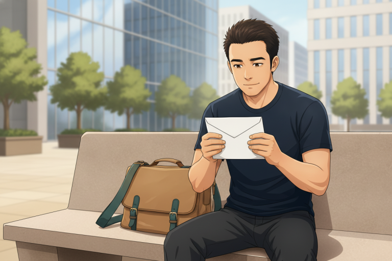 Anime Robby seated on a plaza bench outside a downtown office tower at lunch, opening his first paper paycheck envelope with a wry, puzzled expression as he registers the gap between gross and take-home.