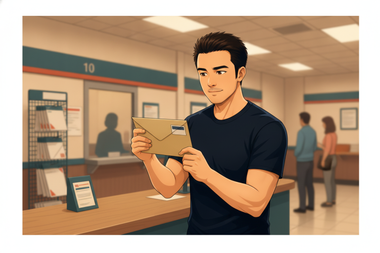 Anime-style illustration of Robby at a US post office counter examining a plain envelope, a reminder that real IRS contact arrives as physical mail, not scam texts.