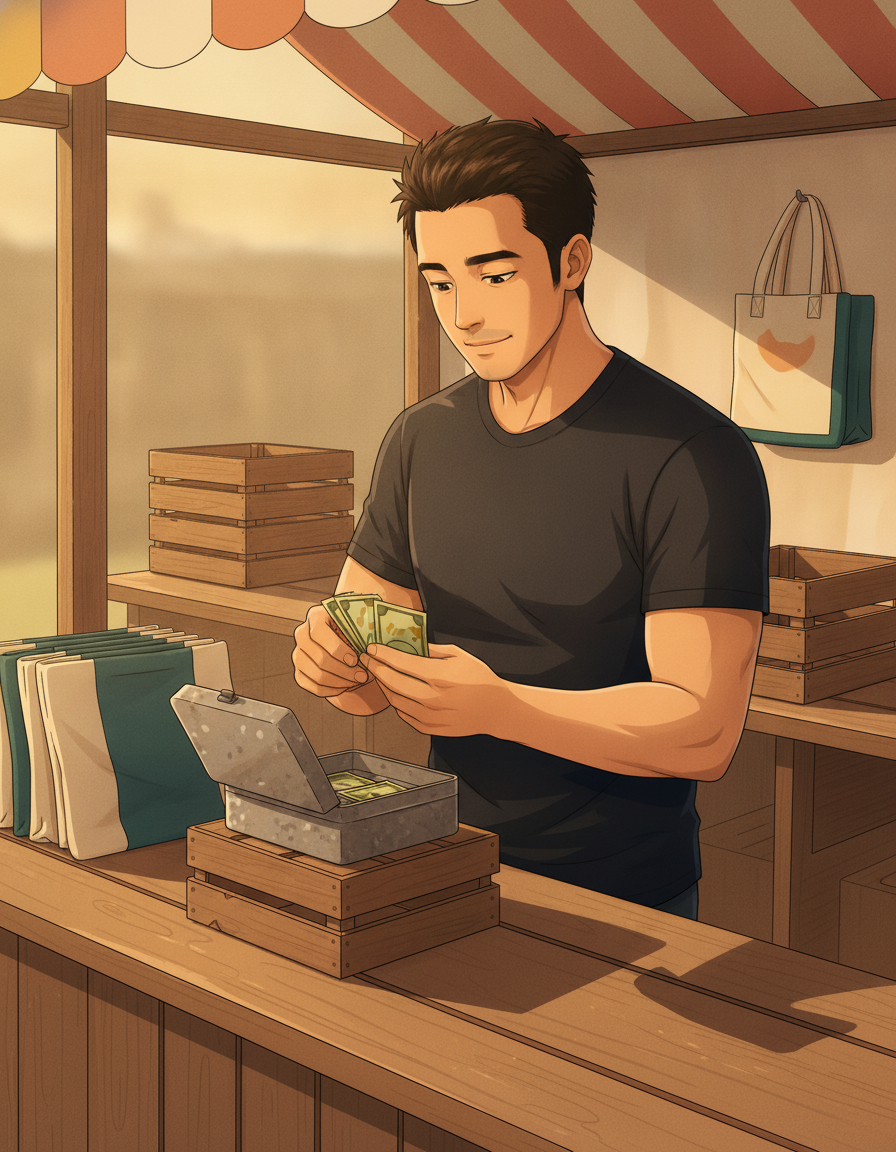 Robby standing behind a farmers-market booth at end of day, counting a stack of twenties by hand into a small metal cash tin, wooden crates behind him, warm late-afternoon light