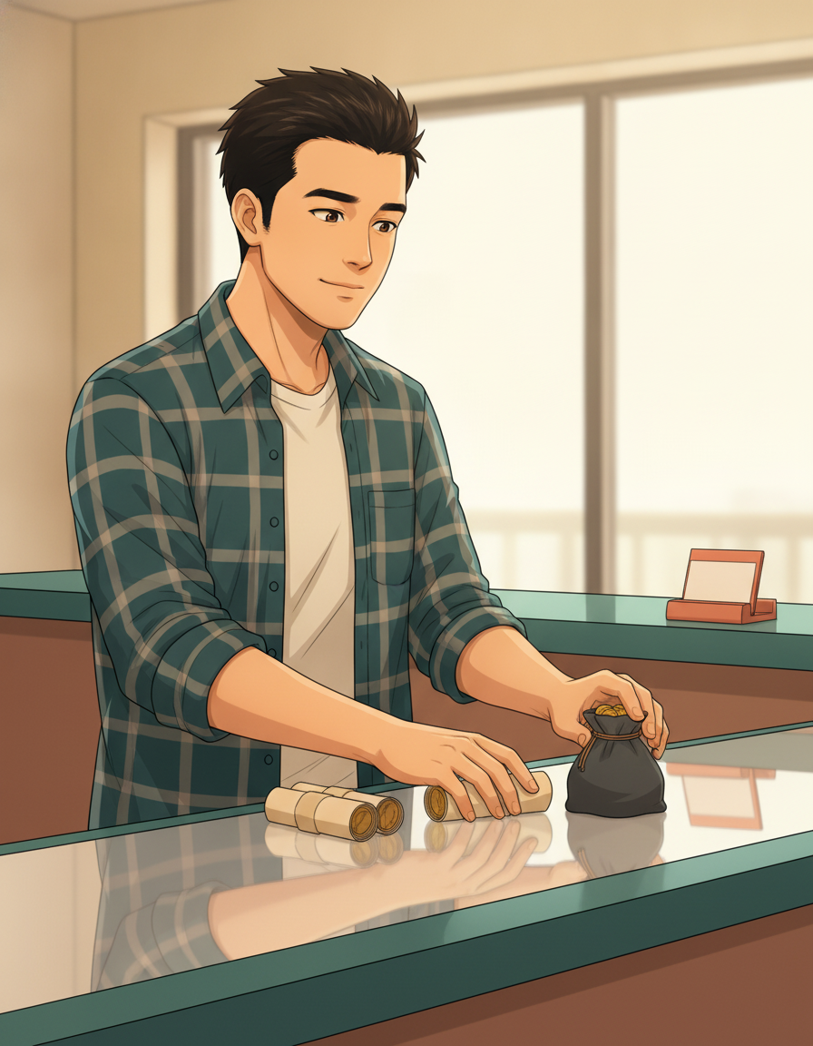 Robby at the customer side of a bank teller counter, waist-up, sliding a paper-wrapped roll of coins and a small canvas coin bag across the counter, other coin rolls stacked beside him