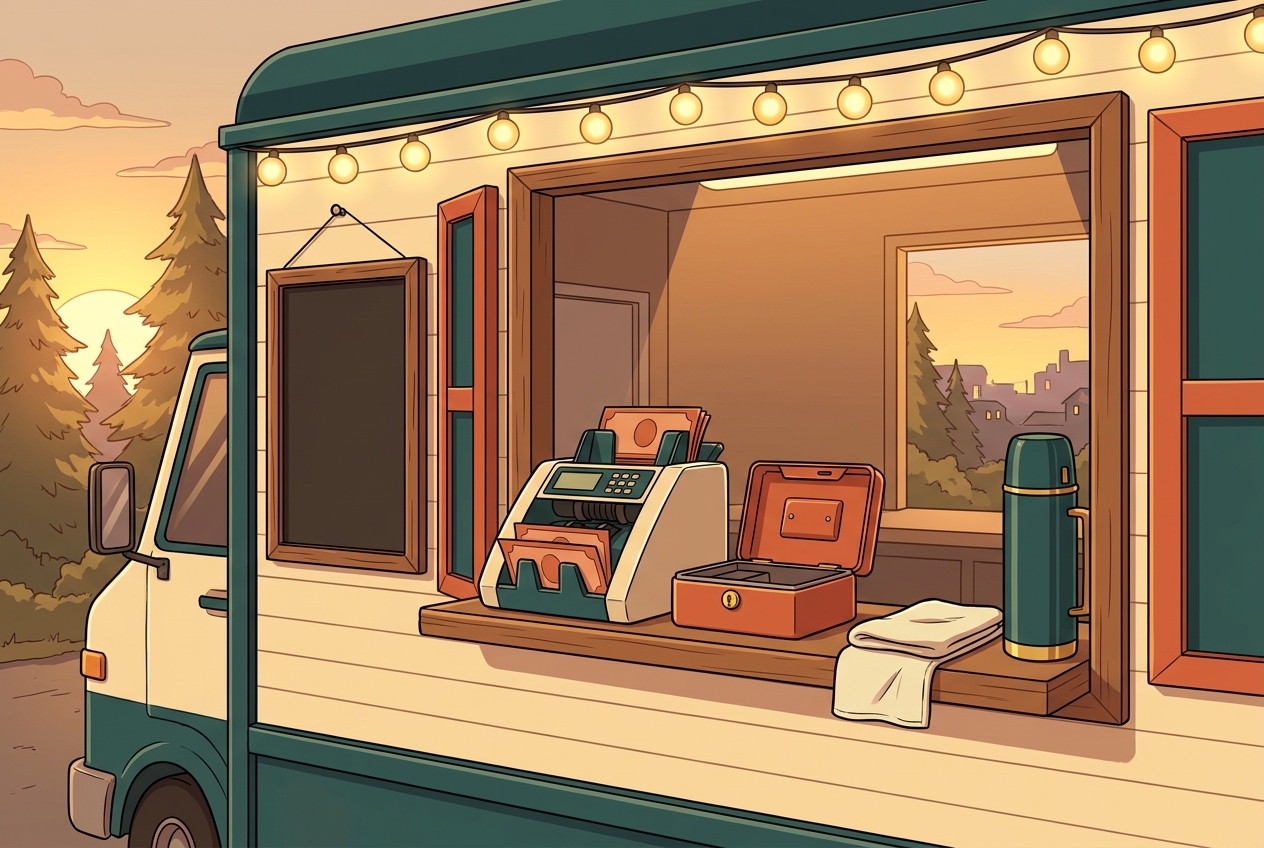 Anime illustration of a small food truck window at dusk with warm string lights, a compact bill counter on the interior counter, a stack of loose bills half-fed into the machine, a small cash tin beside it, no people