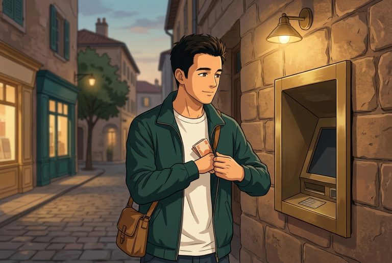 Robby in a casual travel jacket standing at a small bank ATM on a European-style cobblestone side street at dusk, warm lantern glow above the machine, a light day bag over one shoulder, one hand tucking freshly withdrawn folded notes into his jacket pocket, calm capable expression