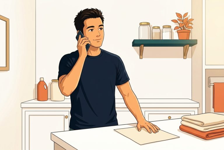 Anime-style Robby standing at a bright home utility room counter, phone to his ear with a satisfied half-smile, resting his hand on a blank monthly bill statement