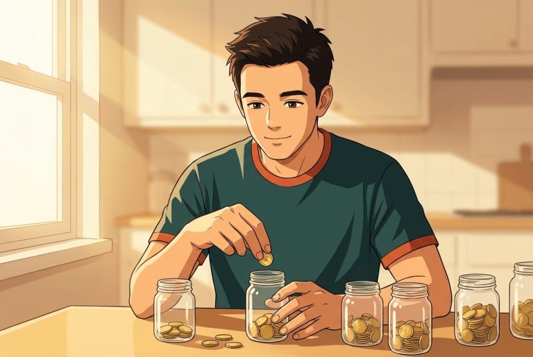 Anime-style Robby at a kitchen table calmly sorting coins into several small glass jars