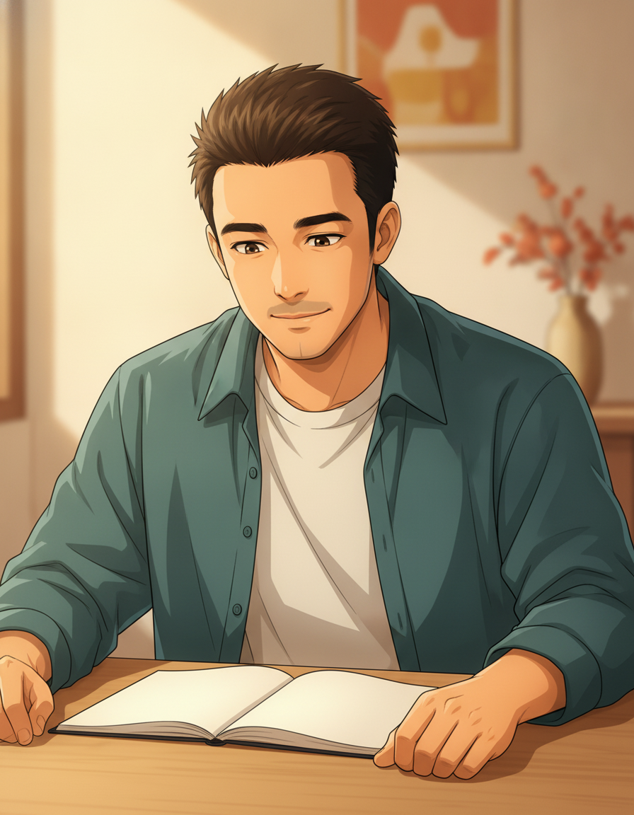 Anime-style Robby looking relieved and pleased as he reviews a simple plan in a notebook