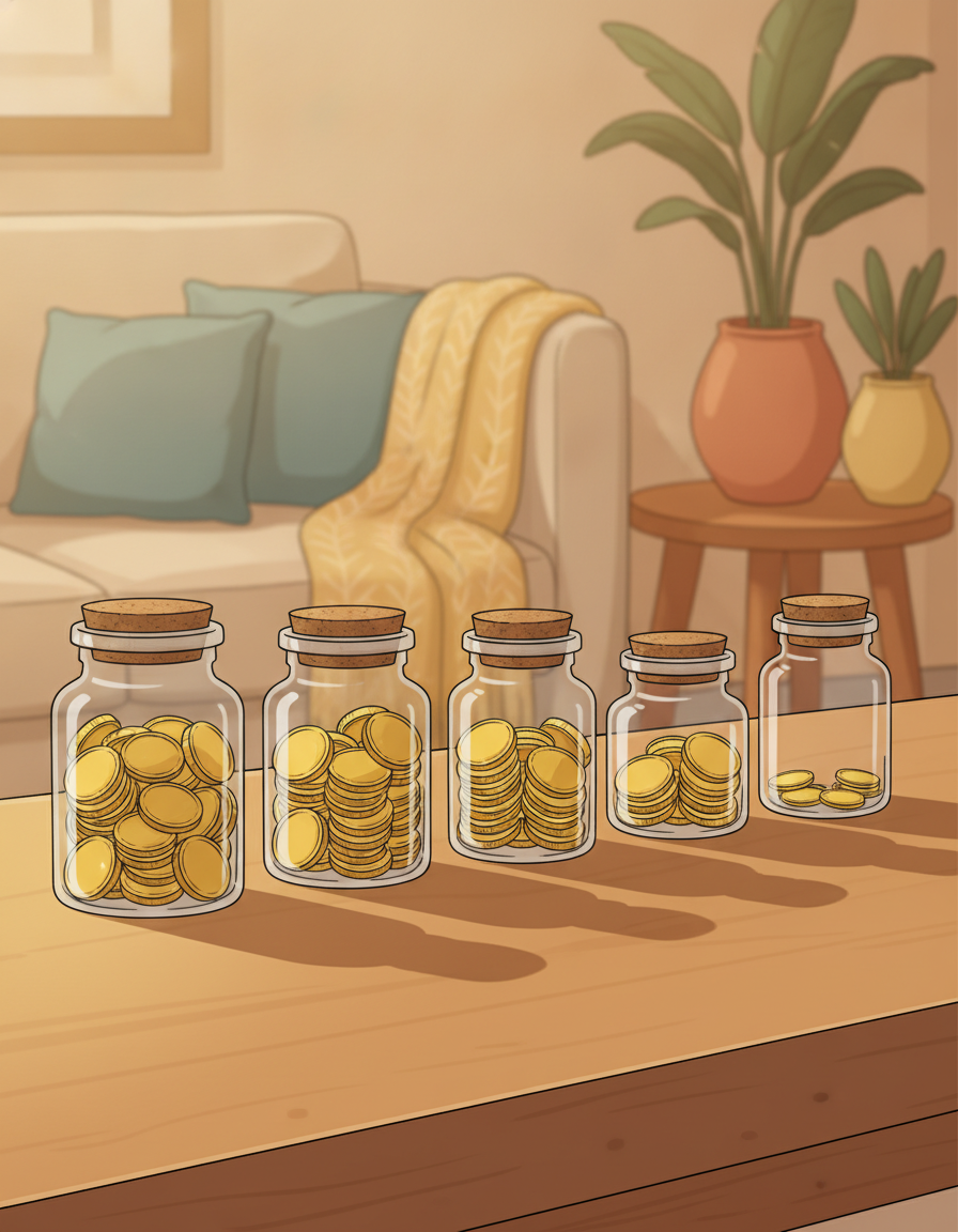 A tidy row of small glass jars filled to different levels with gold coins on a warm wood surface