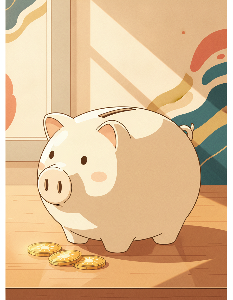 A classic ceramic piggy bank with a few gold coins resting beside it on a warm wood surface