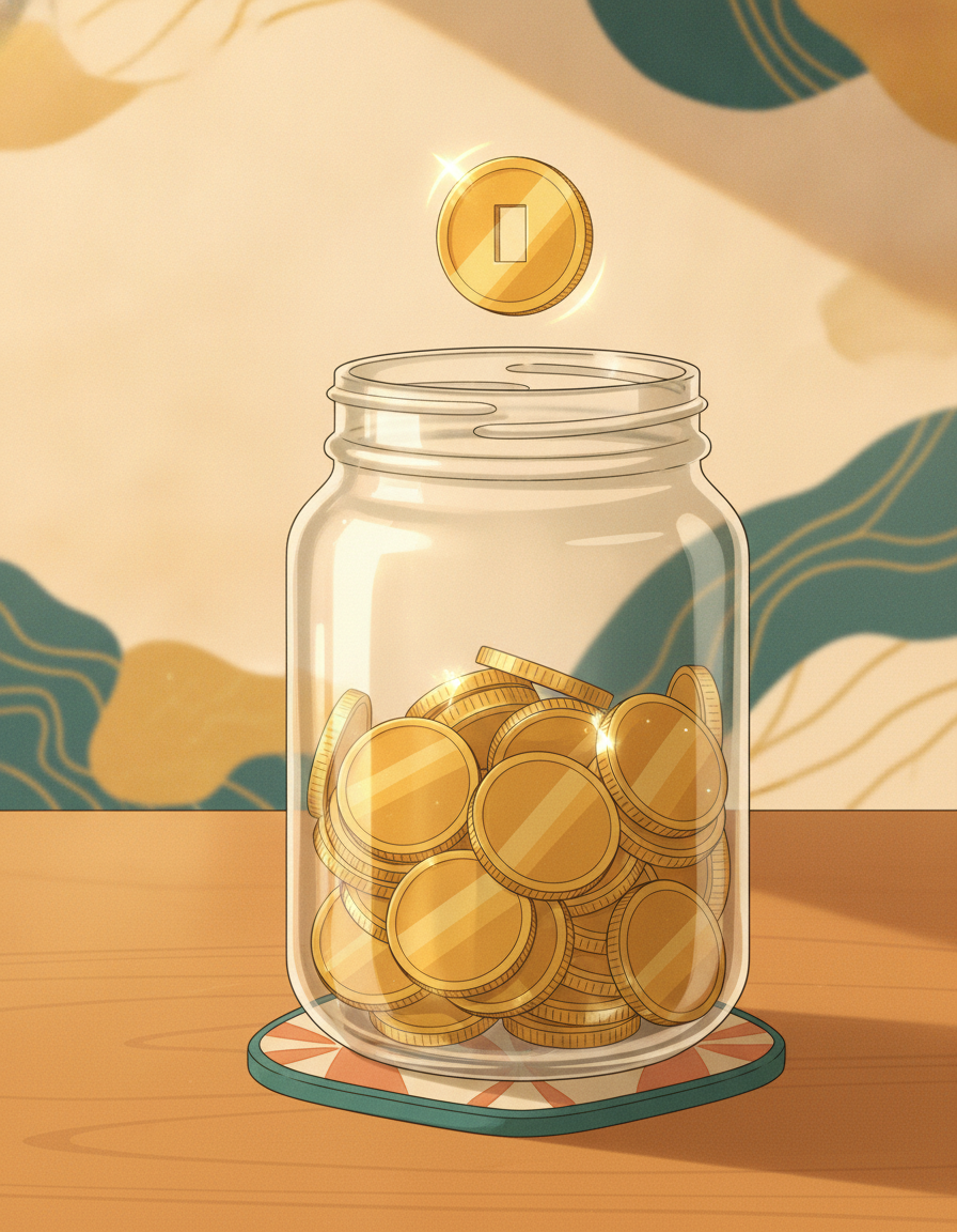 A single gold coin dropping into a half-full glass jar of coins on a warm wood surface in soft light
